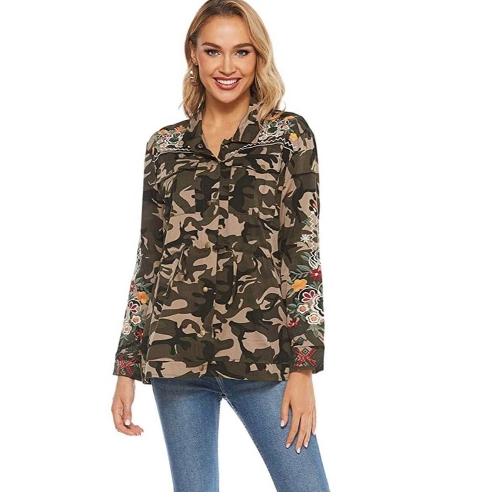 Laura Klein Cotton Embroidered Camo Button Tie Top